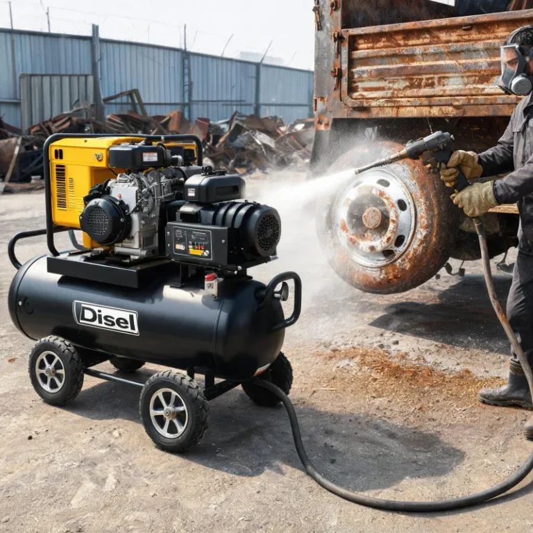 Low Noise 185 CFM Diesel Portable Air Compressor for Sandblasting Rust Removal