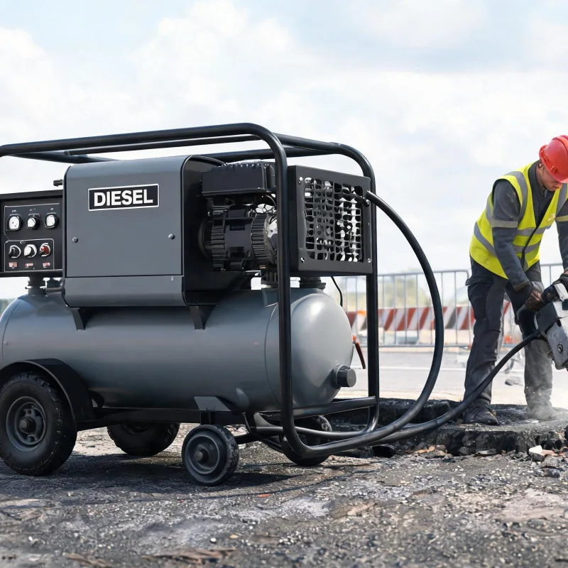 Diesel Portable Air Compressor Powering Jackhammers for Road Construction