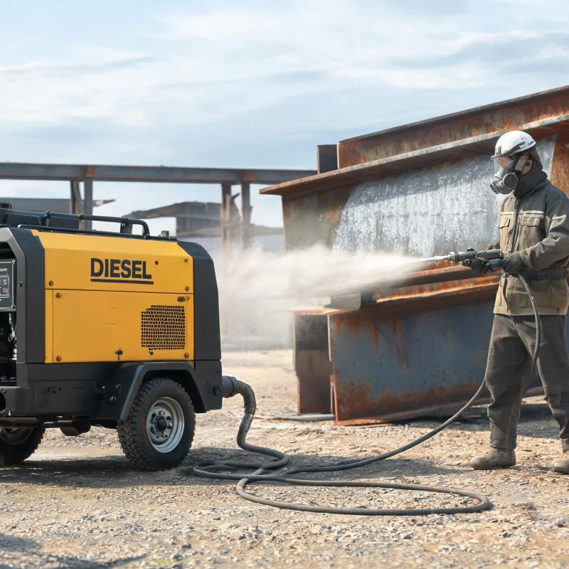 Diesel Portable Air Compressor for Abrasive Blasting Rust Removal on Heavy Construction Equipment
